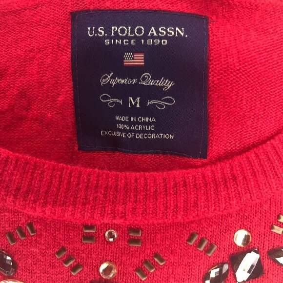U.S. Polo Assn. Red Long Sleeve Jeweled Gems Neck Embellish Sweater Women's M - Picture 2 of 6